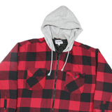 WORKER Mens Red & Black Check Hooded Zip Jacket L Polyester Blend Casual Outdoor