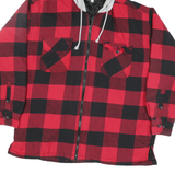 WORKER Mens Red & Black Check Hooded Zip Jacket L Polyester Blend Casual Outdoor