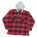 WORKER Mens Red & Black Check Hooded Zip Jacket L Polyester Blend Casual Outdoor