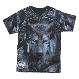 Mens Black Cotton Blend Graphic T-Shirt S Short Sleeve Crew Neck Wolf Print