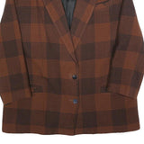 Womens Brown Check Button Jacket L Plaid Classic Retro Stylish Outerwear