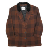 Womens Brown Check Button Jacket L Plaid Classic Retro Stylish Outerwear