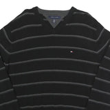 TOMMY HILFIGER Mens Black & Grey Striped Pattern Cotton Jumper V-Neck Basic Knit