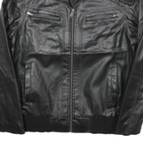 GUESS Mens Black Leather Jacket M Zip Plain Biker Style Ribbed Collar Cuffs