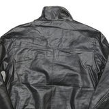 GUESS Mens Black Leather Jacket M Zip Plain Biker Style Ribbed Collar Cuffs