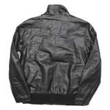 GUESS Mens Black Leather Jacket M Zip Plain Biker Style Ribbed Collar Cuffs