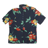 Womens Navy Blue & Red Floral Printed Shirt Short Sleeve Collared M Polyester