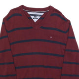 TOMMY HILFIGER Mens Maroon & Navy Striped Pattern V-Neck Basic Knit L Jumper