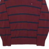 TOMMY HILFIGER Mens Maroon & Navy Striped Pattern V-Neck Basic Knit L Jumper