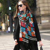 Anyyou 100% Pure Merino Wool Poncho Scarf for Women – Black Mosaic Pattern Oversized Winter Pashmina Shawl Wrap