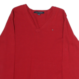 TOMMY HILFIGER Mens Red Plain Jumper V-Neck Basic Knit M Cotton Casual