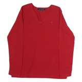 TOMMY HILFIGER Mens Red Plain Jumper V-Neck Basic Knit M Cotton Casual