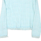 EXPENSIVE Womens Blue Button Jacket M Cotton Blend Tweed Fringed Cropped