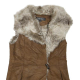 ELLEN TRACY Womens Brown Faux Fur Suede Button Jacket S Sleeveless Retro