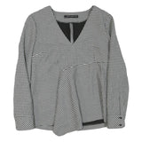 ZARA Womens Black & White Check Printed Blouse Long Sleeve V-Neck L Peplum