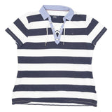 TOMMY HILFIGER Womens Blue & White Stripe Short Sleeve Polo Shirt XL Lace Up