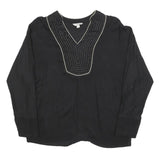 MONSOON Womens Black Cotton Blend V-Neck Long Sleeve Top S Embroidered Detail