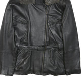 Womens Black Leather Jacket S Zip Faux Shearling Collar Classic Biker Outerwear