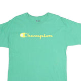 CHAMPION Mens Green Yellow Logo Graphic T-Shirt L Short Sleeve Crew Neck Casual