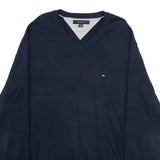 TOMMY HILFIGER Mens Navy Blue Plain V-Neck Basic Knit 2XL Jumper Cotton