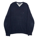 TOMMY HILFIGER Mens Navy Blue Plain V-Neck Basic Knit 2XL Jumper Cotton