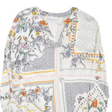 Womens White Printed Long Sleeve V-Neck Top M Patchwork Floral Zebra Design