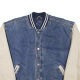 BASIC EDITIONS Mens Blue & Cream Cotton Blend Bomber Jacket M Button Closure