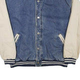 BASIC EDITIONS Mens Blue & Cream Cotton Blend Bomber Jacket M Button Closure