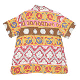 Womens Beige Brown Yellow Patterned Faux Silk Shirt L Short Sleeve Button