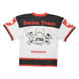 Mens White Black & Red Swiss Bodybuilding Fitness Graphic T-Shirt S V-Neck Short