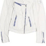 FREAKY NATION Womens White Leather Biker Jacket S Zip Casual Stylish Zip Pockets