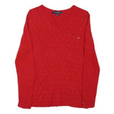 TOMMY HILFIGER Womens Red Plain Jumper V-Neck Basic Knit Size S Elegant Cotton