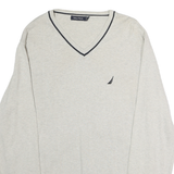 NAUTICA Mens Cream & Black Plain Cotton V-Neck Basic Knit L Sweater Lightweight