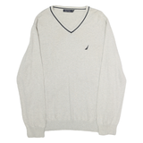 NAUTICA Mens Cream & Black Plain Cotton V-Neck Basic Knit L Sweater Lightweight