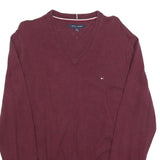 TOMMY HILFIGER Mens Maroon Plain Cotton V Neck Basic Knit Jumper L Classic Style