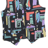 Womens Black Multicoloured Abstract Print Waistcoat S Viscose Button Plain