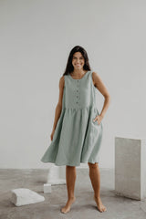 Hazel linen sleeveless summer dress in Sage Green