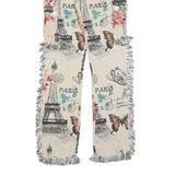 Womens Cotton Cream Floral Paris Print Regular Straight Trousers W30 L33 Fringed