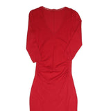 Womens Red Bodycon Cotton Blend Midi Dress S V Neck Ruched Sides Casual