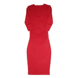 Womens Red Bodycon Cotton Blend Midi Dress S V Neck Ruched Sides Casual