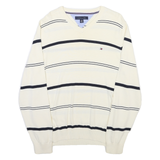 TOMMY HILFIGER Mens White & Navy Striped Patterned V-Neck Cable Knit Jumper M