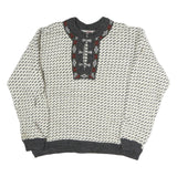 BERGENS Womens Cream & Grey Patterned Wool Jumper Round Neck Basic Knit L