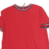 TOMMY JEANS Womens Red Top Short Sleeve Round Neck XS Contrast Trim Zipped Back