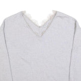 JIGSAW Womens Grey Wool Patterned V-Neck Basic Knit L Jumper Lace Trim Soft
