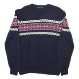 NAUTICA Mens Navy Blue Patterned Jumper Crew Neck Basic Knit L Cotton Blend