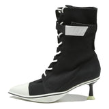 CHARLES & KEITH Womens Black & White Lace-Up Canvas Kitten Heel Boots UK 2