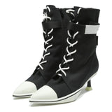 CHARLES & KEITH Womens Black & White Lace-Up Canvas Kitten Heel Boots UK 2