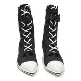 CHARLES & KEITH Womens Black & White Lace-Up Canvas Kitten Heel Boots UK 2