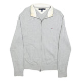 TOMMY HILFIGER Mens Grey Plain Full Zip Jumper Crew Neck Basic Knit S Classic