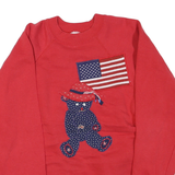 TULTEX Womens Red Cotton Blend Crew Neck L Sweatshirt Teddy Bear Flag Graphic